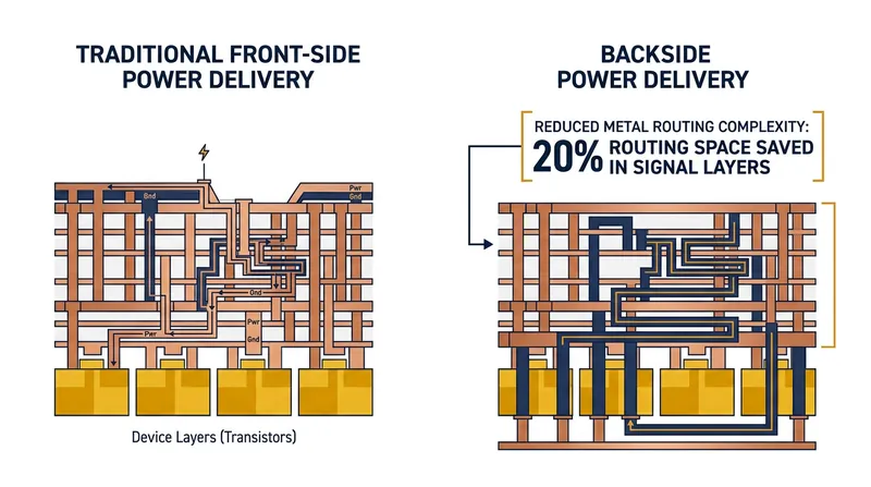 Moving power delivery to the back of the wafer frees up roughly 20 percent of the routing space on the front side.