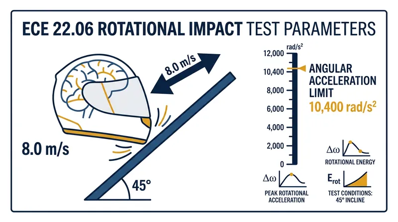 The ECE 22.06 standard strictly caps the rotational acceleration transferred to the brain during an oblique strike.