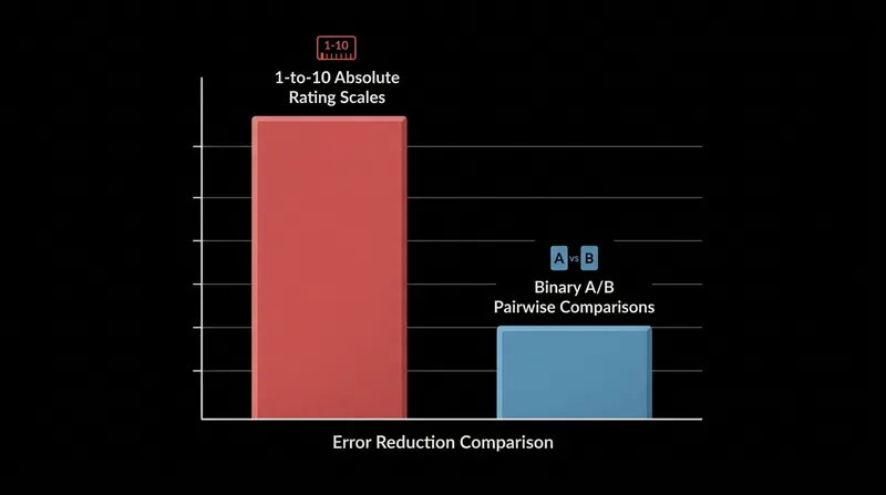 Binary pairwise comparisons generate significantly more reliable data than absolute numerical rating scales.