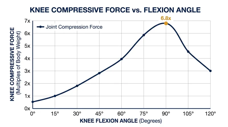 Compressive forces between the kneecap and femur multiply rapidly as the knee bends, peaking near 90 degrees of flexion.