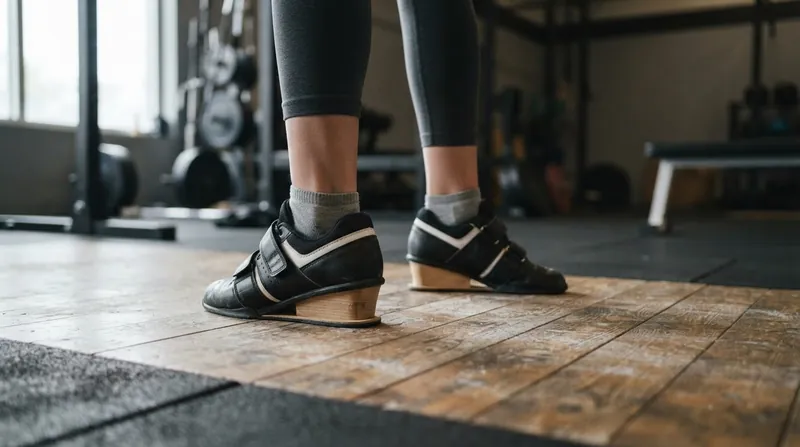 Illustration: Dedicated weightlifting shoes provide a non-compressible, 15-to-22-millimeter heel wedge to ensure a stable base of support.