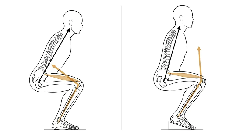 A heel lift reduces the ankle dorsiflexion required to reach depth, allowing the knees to track forward while keeping the spine vertical.