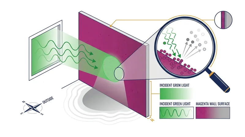 Architectural color consultants use complementary undertones, such as magenta, to neutralize incoming green light.