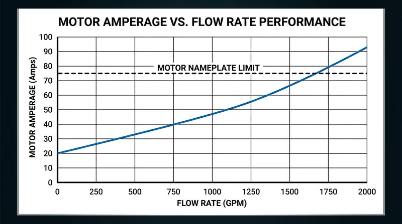 Operating a pump at runout forces the motor to draw current well past its safe nameplate limit.
