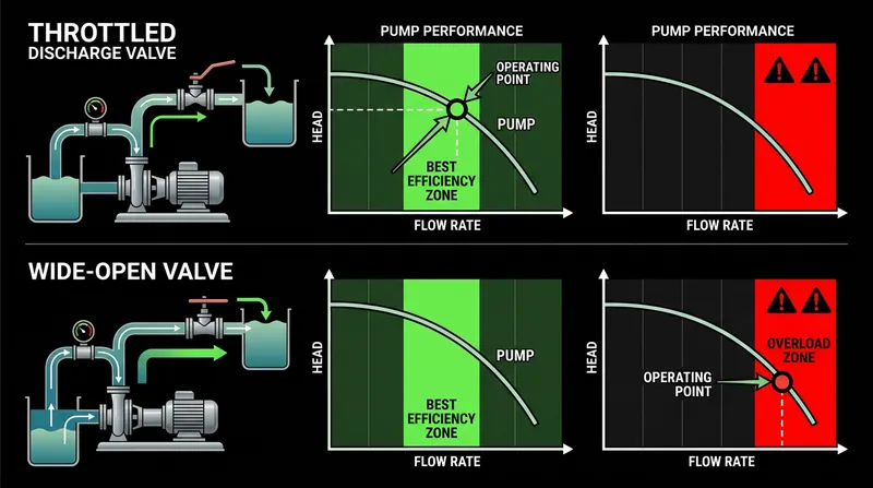 A throttled valve acts as a mechanical governor, keeping the pump operating within its intended design parameters.
