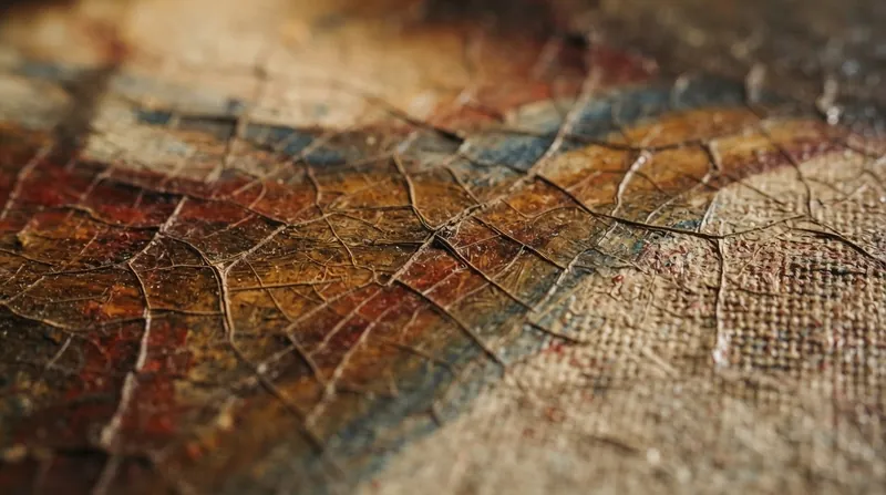 A close-up macro view of an old master oil painting showing a dense grid of fine cracks.