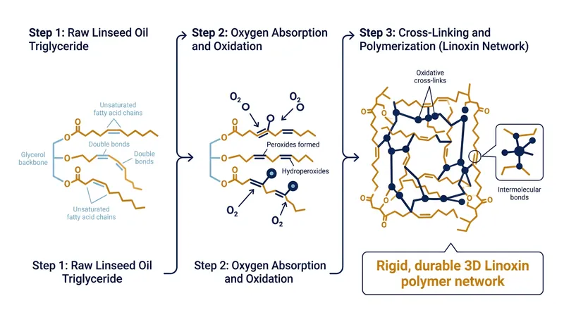 Linseed oil cures by absorbing oxygen, forming a permanent three-dimensional polymer network.
