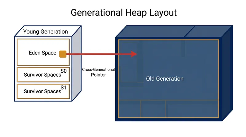 A cross-generational pointer occurs when an object in the old generation references a newly allocated object.