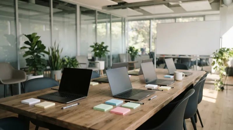 A diverse team of software engineers and product managers collaborating around a whiteboard covered in sticky notes.