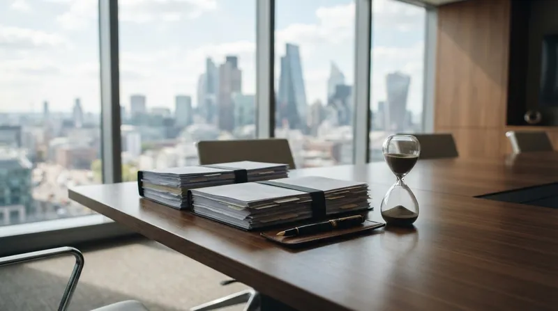 An empty corporate boardroom with a long polished mahogany table and soft natural light.