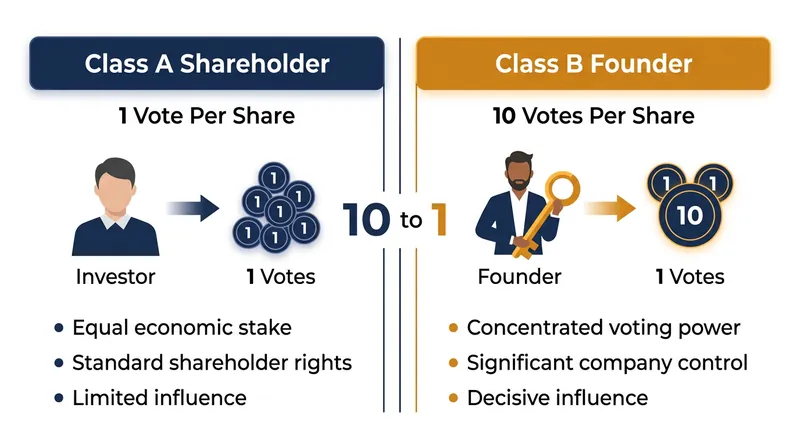 Super-voting shares typically grant founders ten times the voting power of standard public investors.