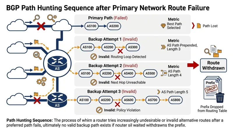 Routers systematically test progressively longer backup paths before concluding a destination is unreachable.