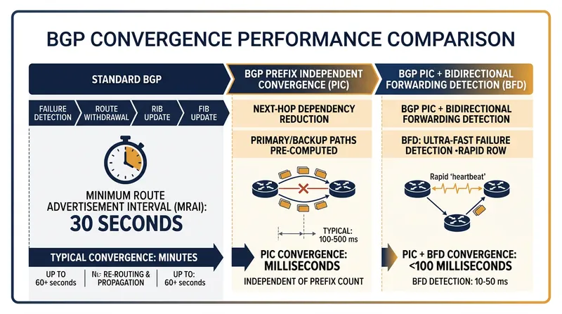 Modern mitigations can switch traffic to backup paths in milliseconds, but cannot eliminate the underlying control-plane delay.