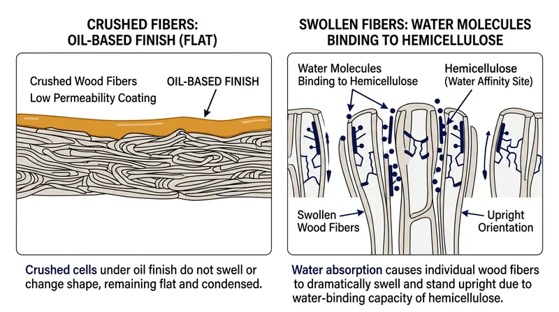 How water molecules bind to hemicellulose, causing severed fibers to expand vertically.