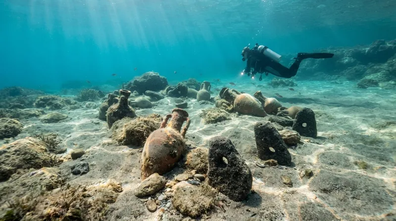 An underwater archaeologist in scuba gear examines a large ancient ceramic amphora resting on a rocky seabed.