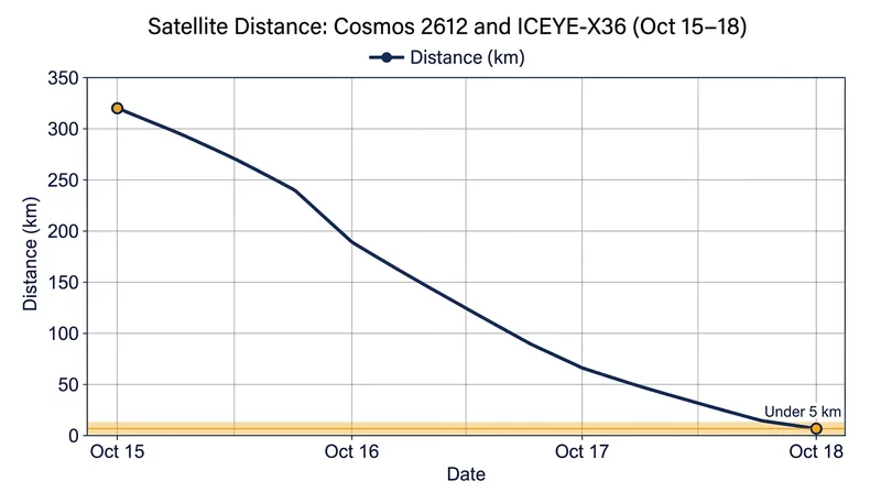 Tracking data shows the distance between the two spacecraft collapsing over a 72-hour period.
