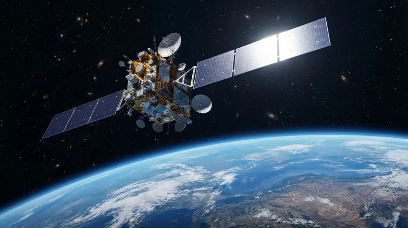 A modern satellite with solar panels orbiting above the Earth's atmosphere against the blackness of space.
