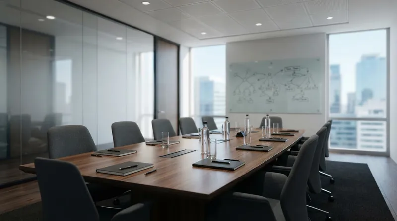 A diverse team of corporate professionals collaborating around a glass table in a modern office.
