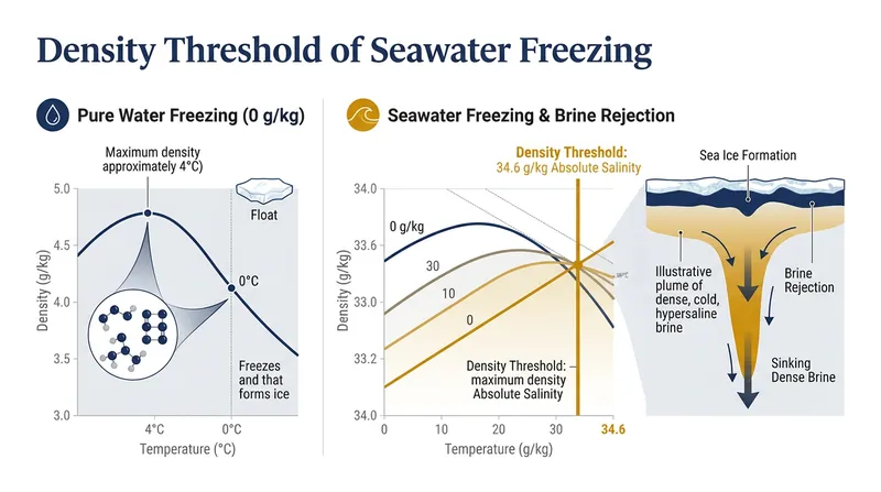 Seawater must reach an absolute salinity of 34.6 grams per kilogram to overcome oceanic stratification and sink to the abyss.