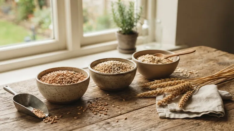 A rustic wooden table displaying whole wheat berries and barley next to heavily processed gluten-free packaged snacks.