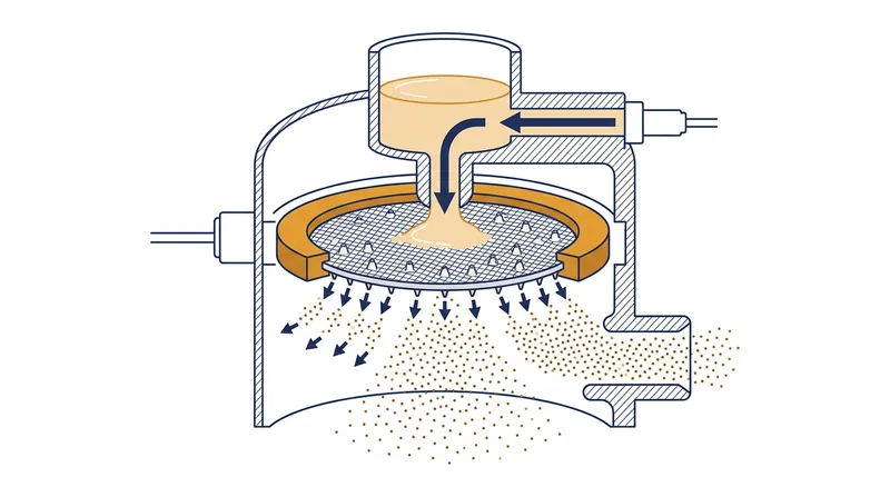 The conical shape of the mesh pores acts as a one-way valve during the rapid vibration cycle.