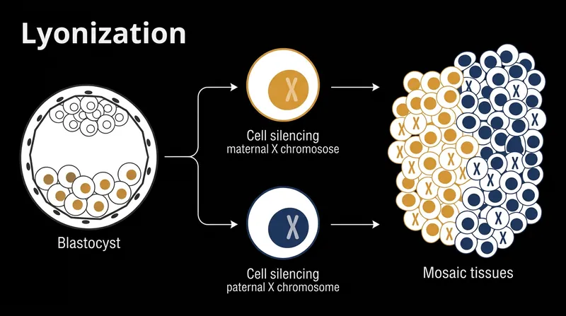 Random X-chromosome inactivation in the early embryo creates a permanent genetic mosaic.