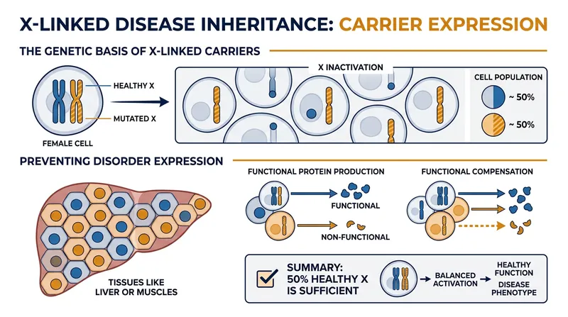 Female carriers of X-linked mutations typically remain asymptomatic due to the mosaic expression of their healthy chromosome.