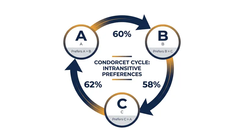 A Condorcet cycle occurs when majorities prefer every candidate to at least one other, creating a perpetual tie.