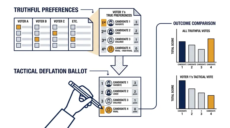 Strategic voters can manipulate positional scoring by artificially ranking strong rivals at the bottom of their ballots.