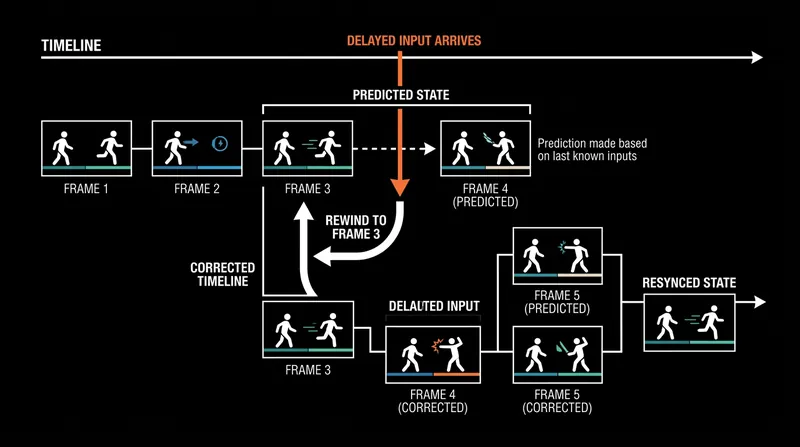 Rollback netcode masks latency by predicting delayed inputs and instantly rewinding the simulation if the prediction was wrong.