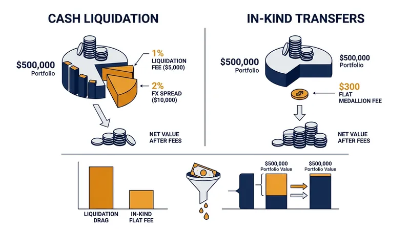 Cash liquidations expose the estate to percentage-based fees, while in-kind transfers rely on flat administrative costs.