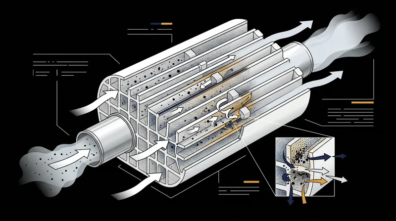 Exhaust gases are forced through porous ceramic walls, trapping particulate matter inside the filter.