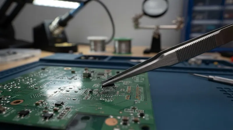 Illustration: Mounting cross-locking tweezers in a third-hand stand removes human tremor from the soldering equation entirely.