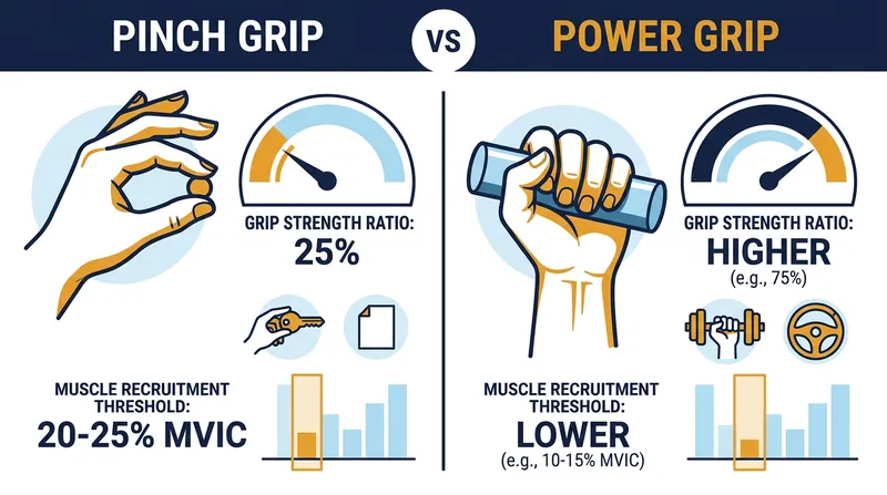 A continuous pinch grip recruits up to 25 percent of maximum voluntary contraction, leading to rapid fatigue.