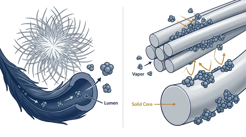 Natural down fibers feature hollow lumens that absorb vapor, while solid polyester filaments force vapor to condense.