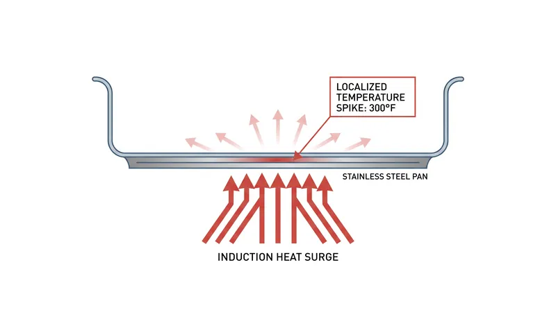 During the active phase of a duty cycle, the pan surface temperature spikes dramatically.