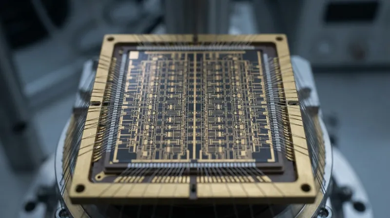 Close-up view of a superconducting quantum processor chip showing a grid-like lattice structure in gold and copper.