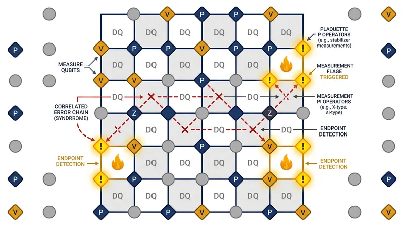 A chain of correlated errors only triggers measurement flags at its two endpoints, leaving the middle invisible.