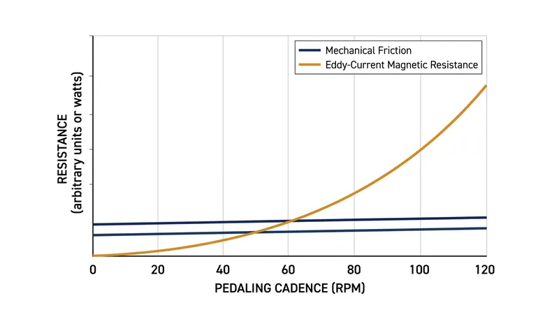 Unlike friction pads, magnetic resistance scales exponentially, demanding significantly more wattage at higher cadences.