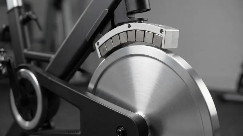 Close-up view of an aluminum exercise bike flywheel with a magnetic resistance caliper hovering just above the rim.