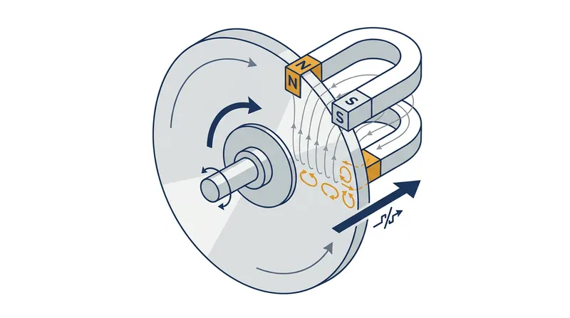 As the conductive flywheel spins through the magnetic field, it induces circular eddy currents that actively oppose the rotation.