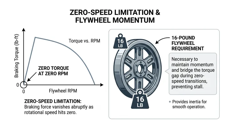 Because eddy currents require relative motion to generate torque, magnetic bikes rely on heavy flywheels to maintain momentum at low speeds.
