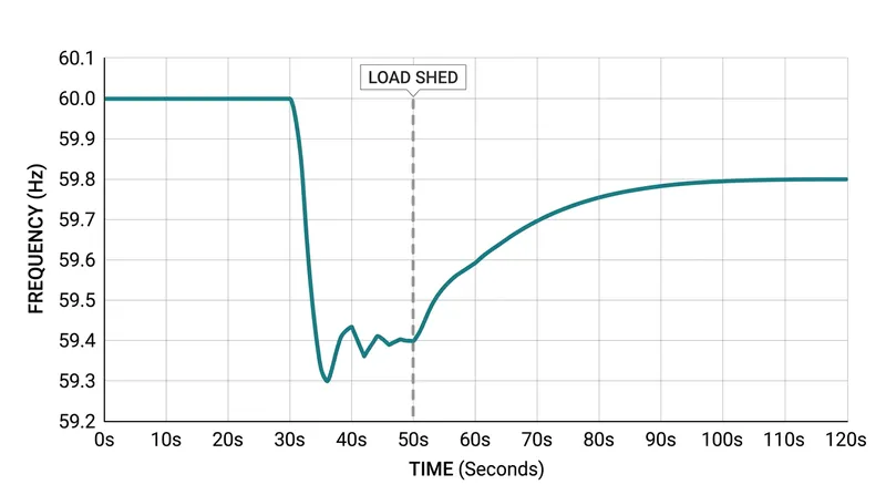 A successful underfrequency load shedding event arrests the frequency decline before it reaches the critical 58.0 Hz threshold.