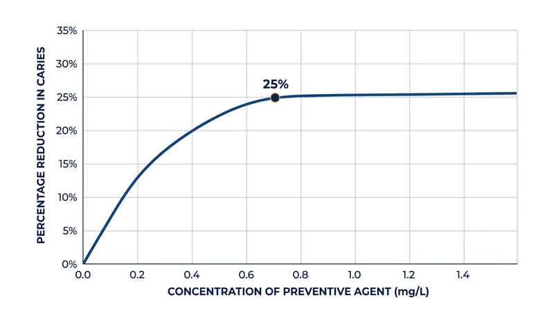 Increasing fluoride concentrations beyond 0.7 mg/L yields steeply diminishing returns for cavity prevention.