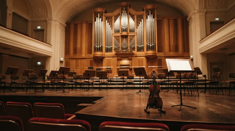 A massive wooden and metal pipe organ towering over an empty symphony orchestra stage.