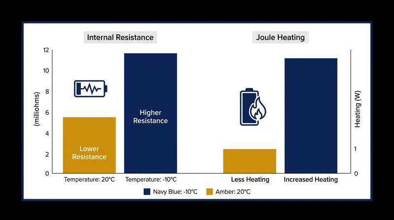 Internal resistance multiplies in freezing temperatures, forcing the battery to convert a significant portion of its stored energy into heat.