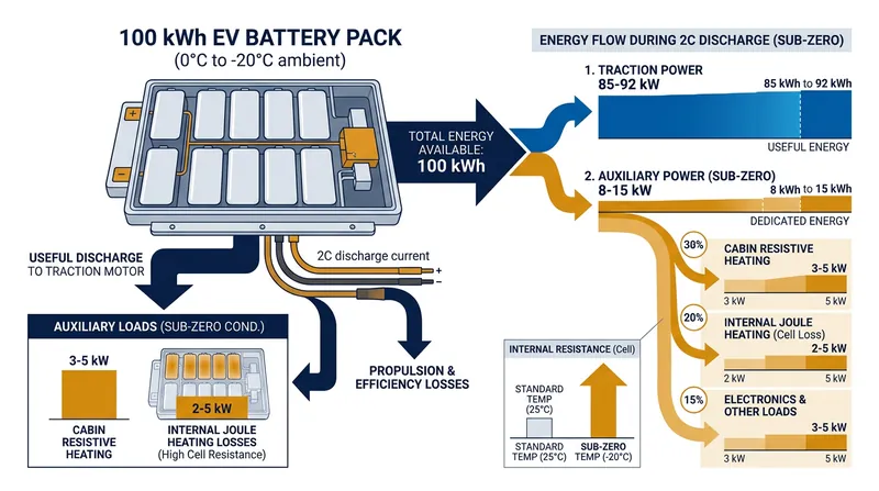 During highway driving in sub-zero temperatures, the battery's internal Joule heating penalty rivals the energy drawn by the cabin heater.