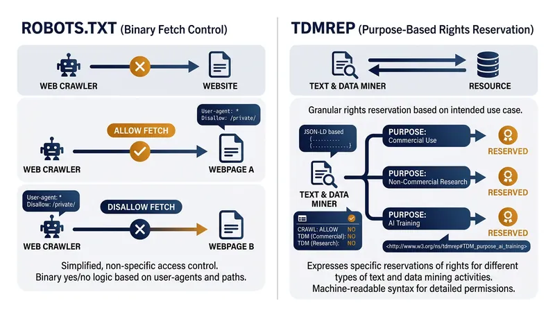 The legacy exclusion protocol controls physical access, while the W3C standard explicitly reserves legal mining rights.