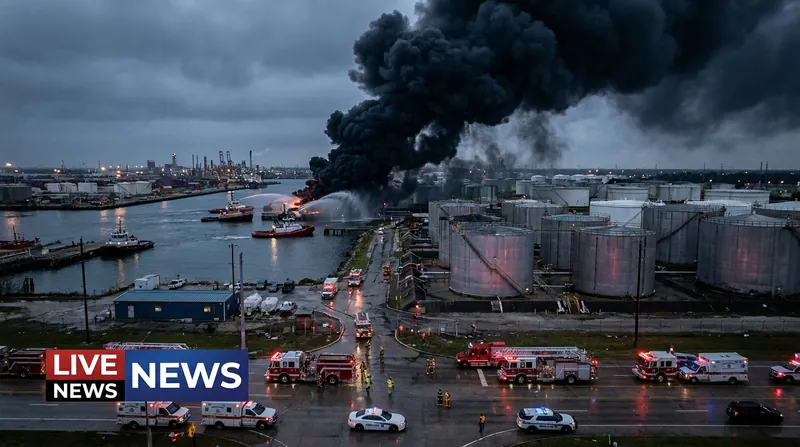 Thick black smoke and bright orange flames rise from an industrial oil terminal at night.