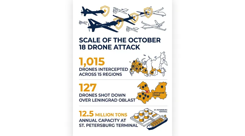 The scale of the October 18 drone barrage across Russian territory.